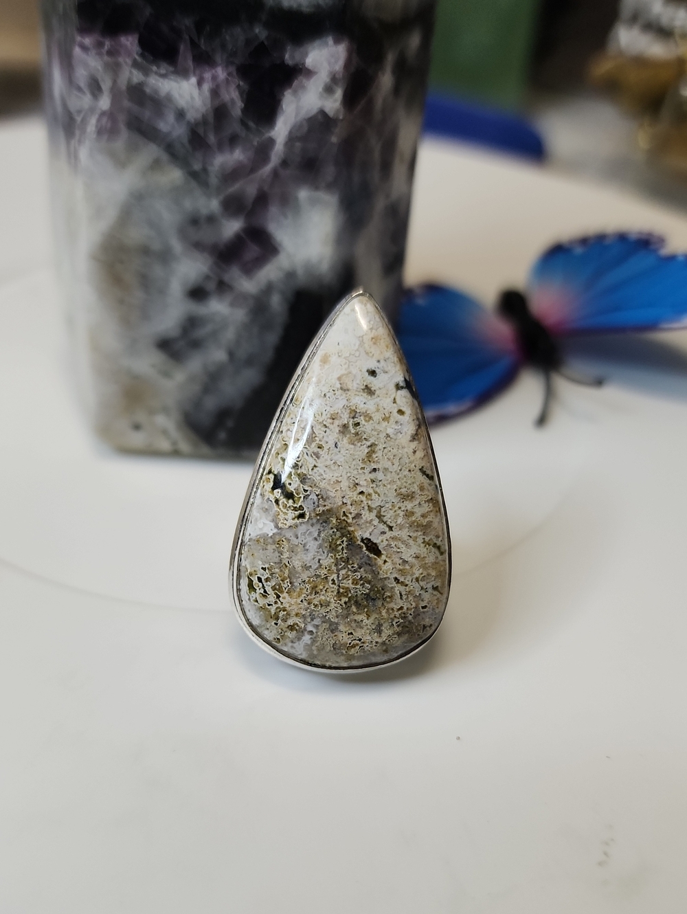 Natural Teardrop Ocean Jasper  Stone Ring - White and Green